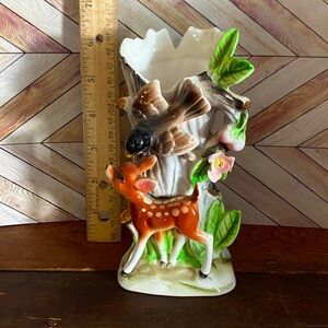 Vintage Woodland Vase with Deer and Bird and Tree